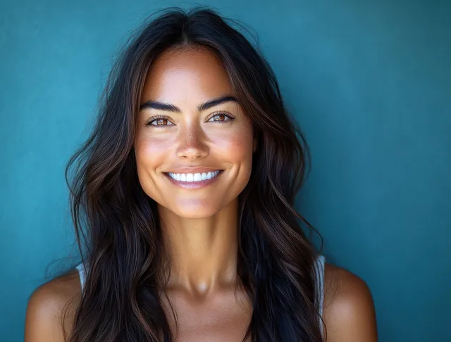 Smiling young woman close-up portrait with long dark hair against a plain blue backdrop