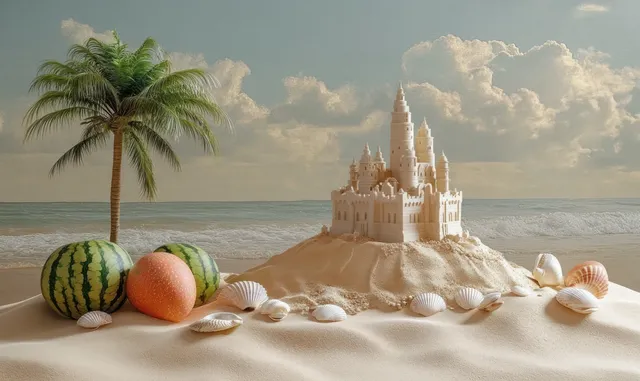 Intricate sandcastle on beach with seashells, watermelons, grapefruit, palm tree and ocean horizon
