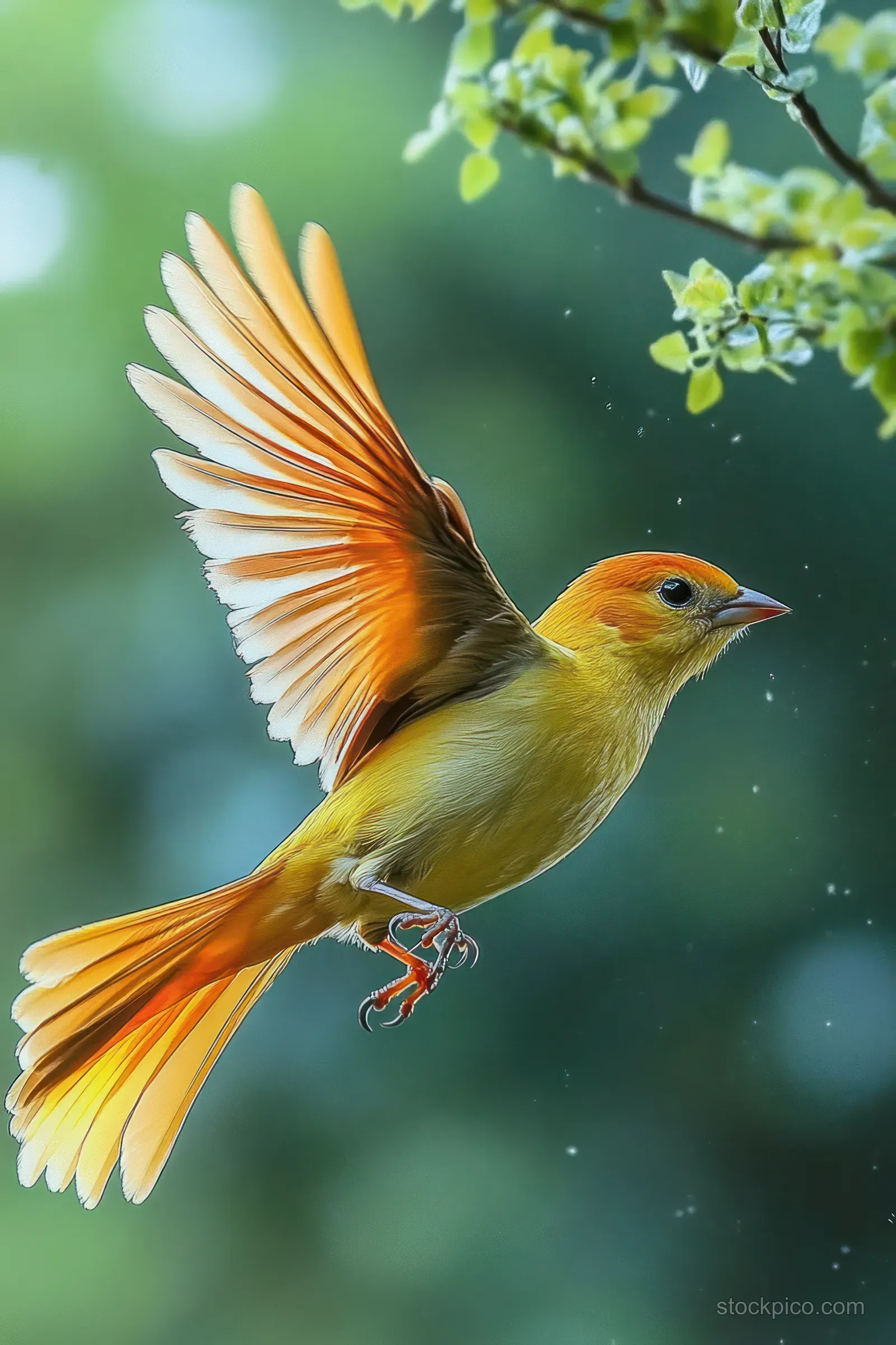 Small yellow and orange bird flies with wings spread near green leaves in soft natural light.