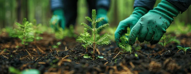 Volunteers plant conifer seedlings in dark soil, hands in green gloves during reforestation