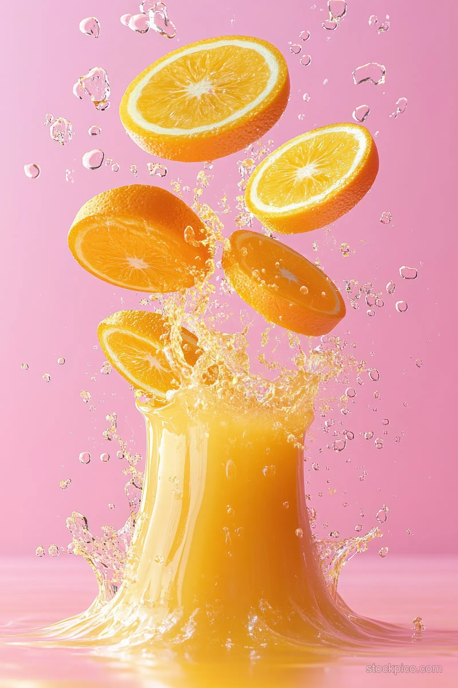 Orange juice splashes from a glass with orange slices and droplets flying over a pink background.