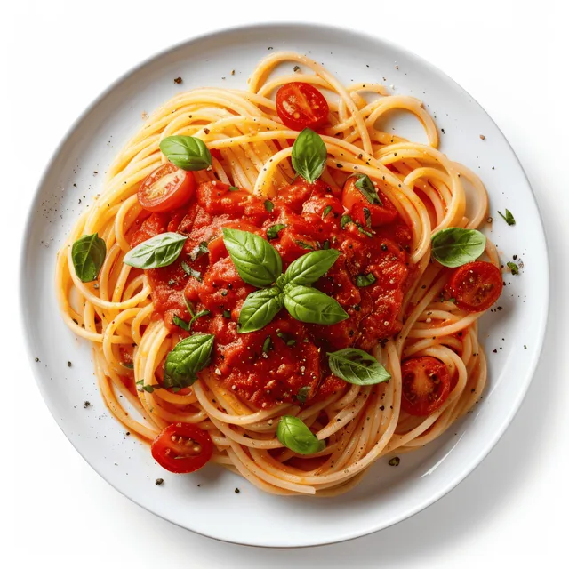 Top view of spaghetti with tomato sauce and basil on white plate with Italian Cuisine