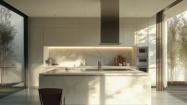 Bright modern kitchen interior with a white marble island, built-in appliances, and floor-to-ceiling windows with outdoor greenery view.