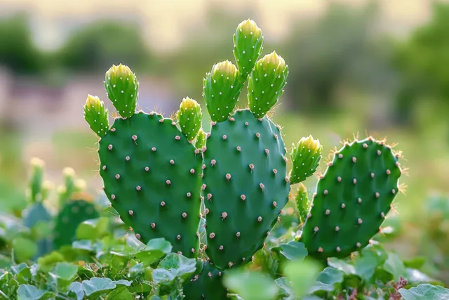 Vivid green prickly pear cactus pads with young yellow-green flower buds and textured spines in natural light.