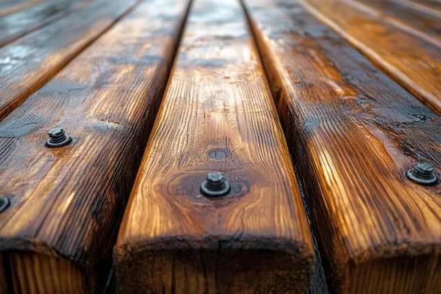 Weathered wooden deck boards with several screws resting on parallel timber planks in warm sunlight.