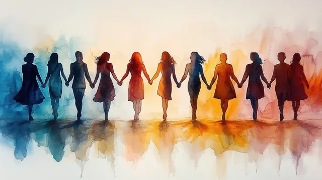 Diverse group holding hands walking forward through colorful watercolor light