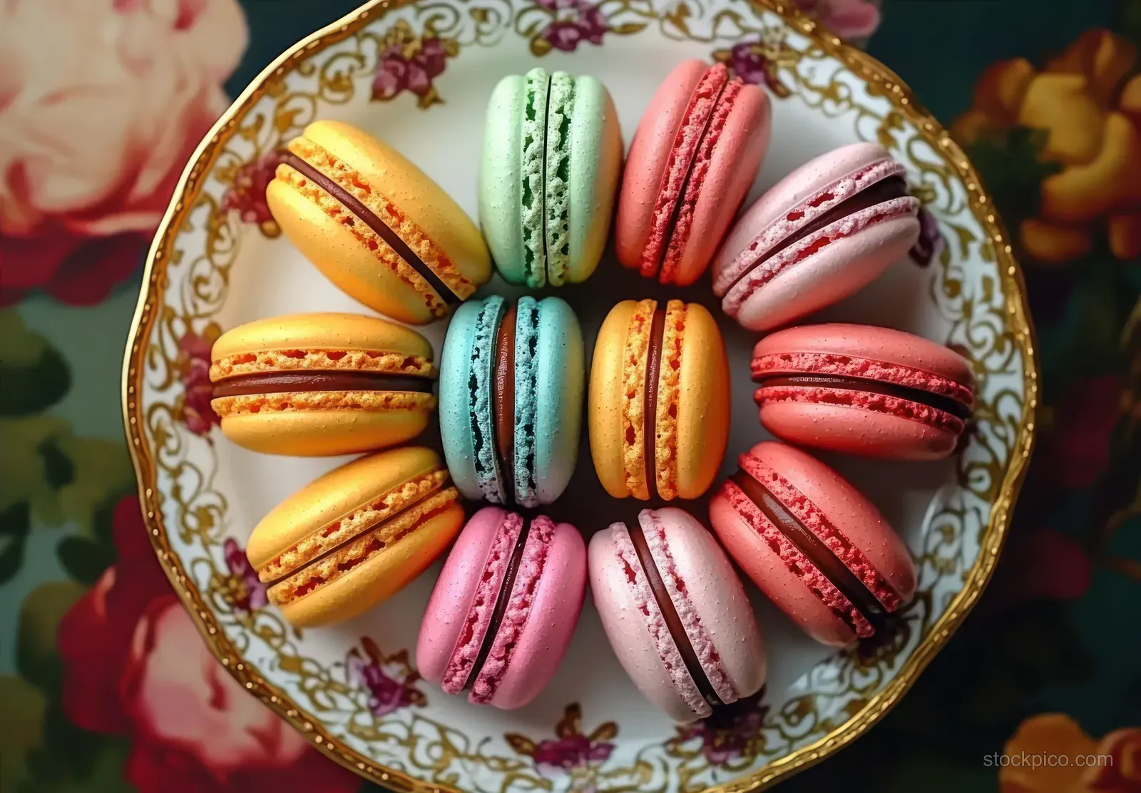Assorted colorful macarons arranged in a circle on an ornate floral plate with a golden rim.