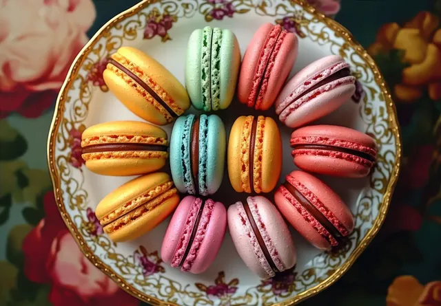 Assorted colorful macarons arranged in a circle on an ornate floral plate with a golden rim.