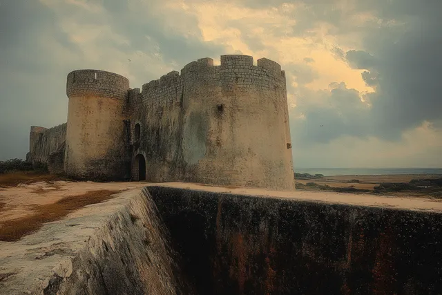 Ancient stone fortress towers rise over barren plains beneath dramatic cloudy dusk light.