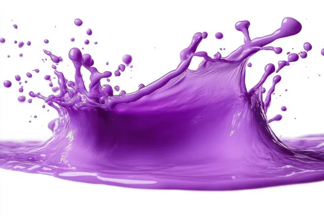 Vibrant purple liquid splash frozen mid-motion with droplets suspended over a white background.