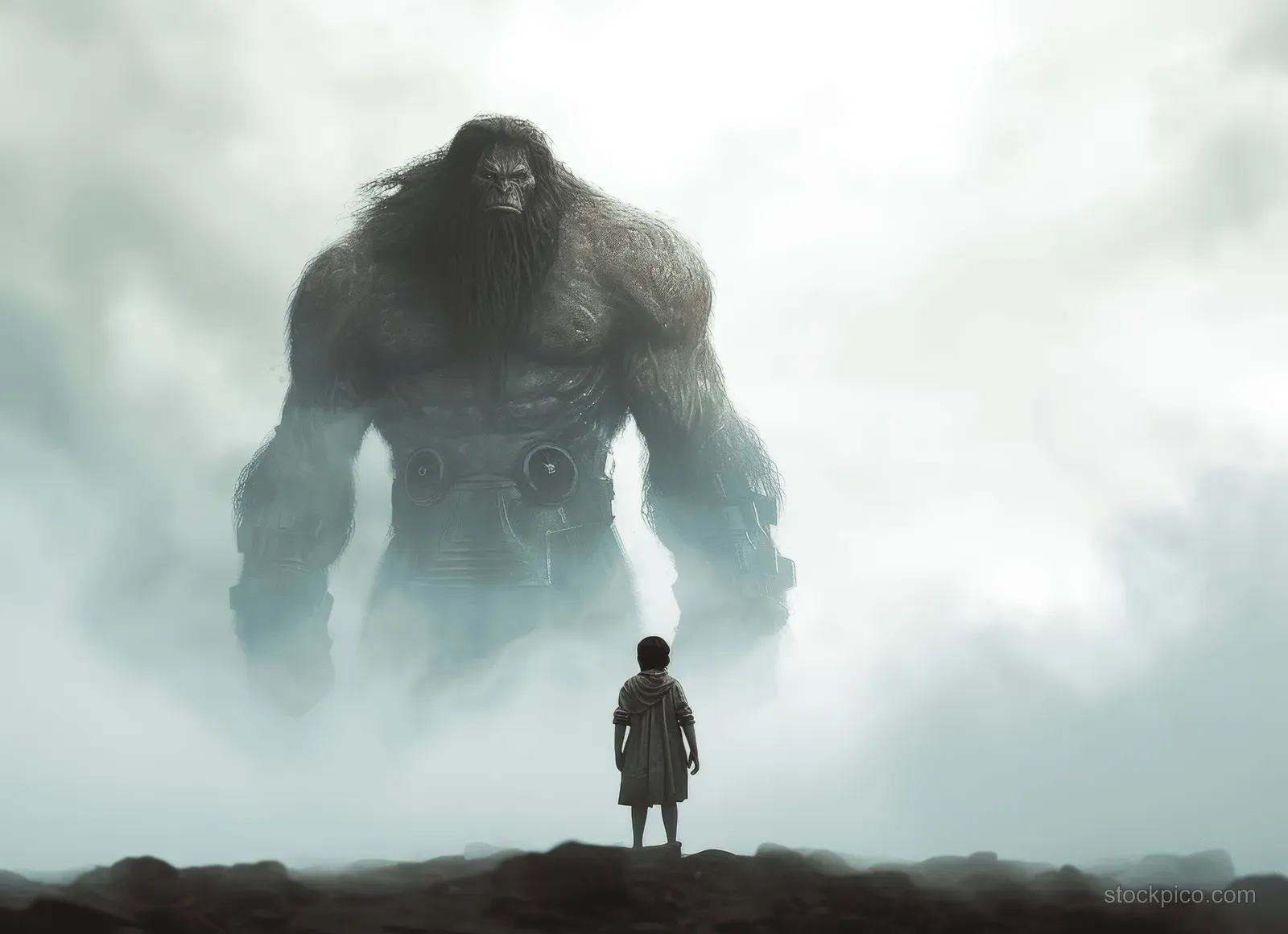 A small shepherd boy in cloak faces a towering giant silhouette in misty battlefield clouds.