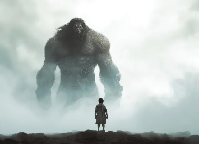 David faces Goliath in a misty fantasy battlefield, holding a slingshot