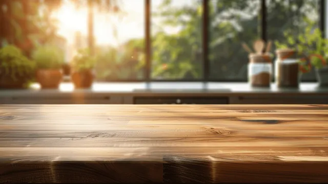 Empty wooden table top near bright window with morning sun bokeh in kitchen