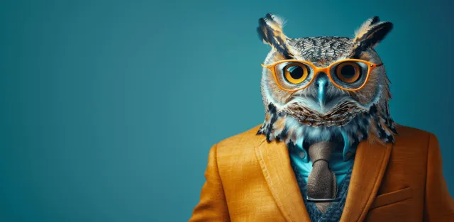 An owl in a hipster business suit holds a blank sign in a studio setting.