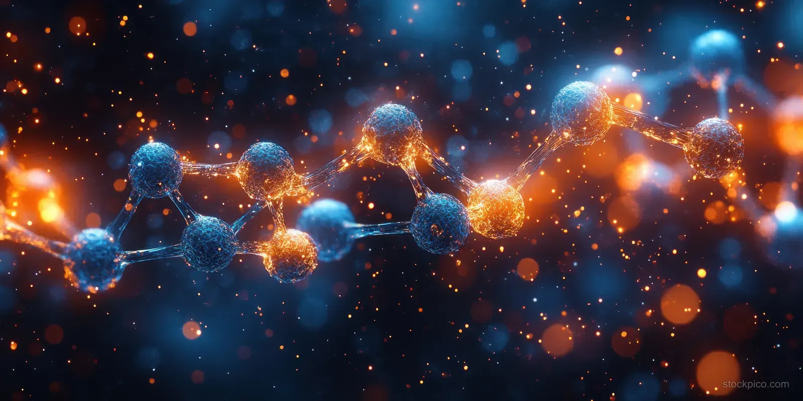 Glowing transparent molecular hexagon network with connected atoms and floating particle spheres in orange and blue lighting.