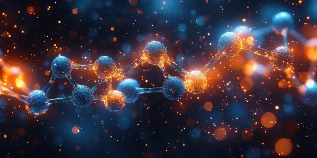 Glowing transparent molecular hexagon network with connected atoms and floating particle spheres in orange and blue lighting.