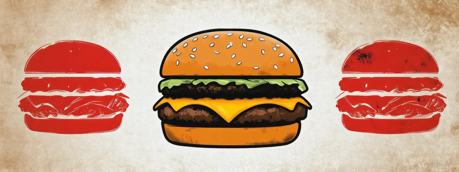 Center burger illustration logo with sesame bun and patties, flanked by two red burger stacks on a distressed background.