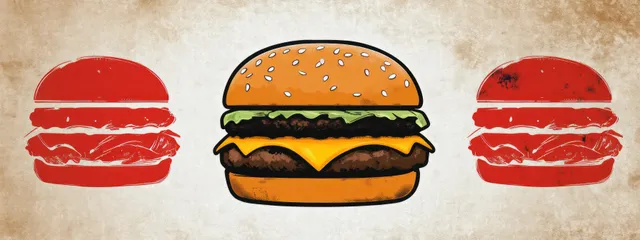 Vintage burger logo icon with symmetrical patties and sesame bun on distressed background