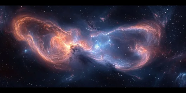 Panoramic nebula clouds swirl in glowing blue and amber tones over a dark starfield background.