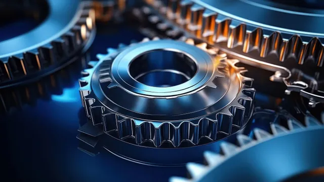 Interlocking steel gears with sharp teeth glow under dramatic blue light in a macro mechanical close-up.