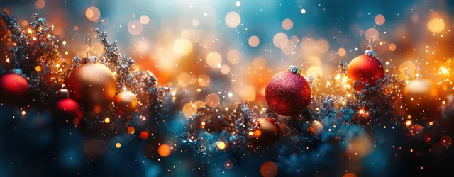 Red Christmas ornaments and glowing lights shimmer over a blue snowy bokeh background.