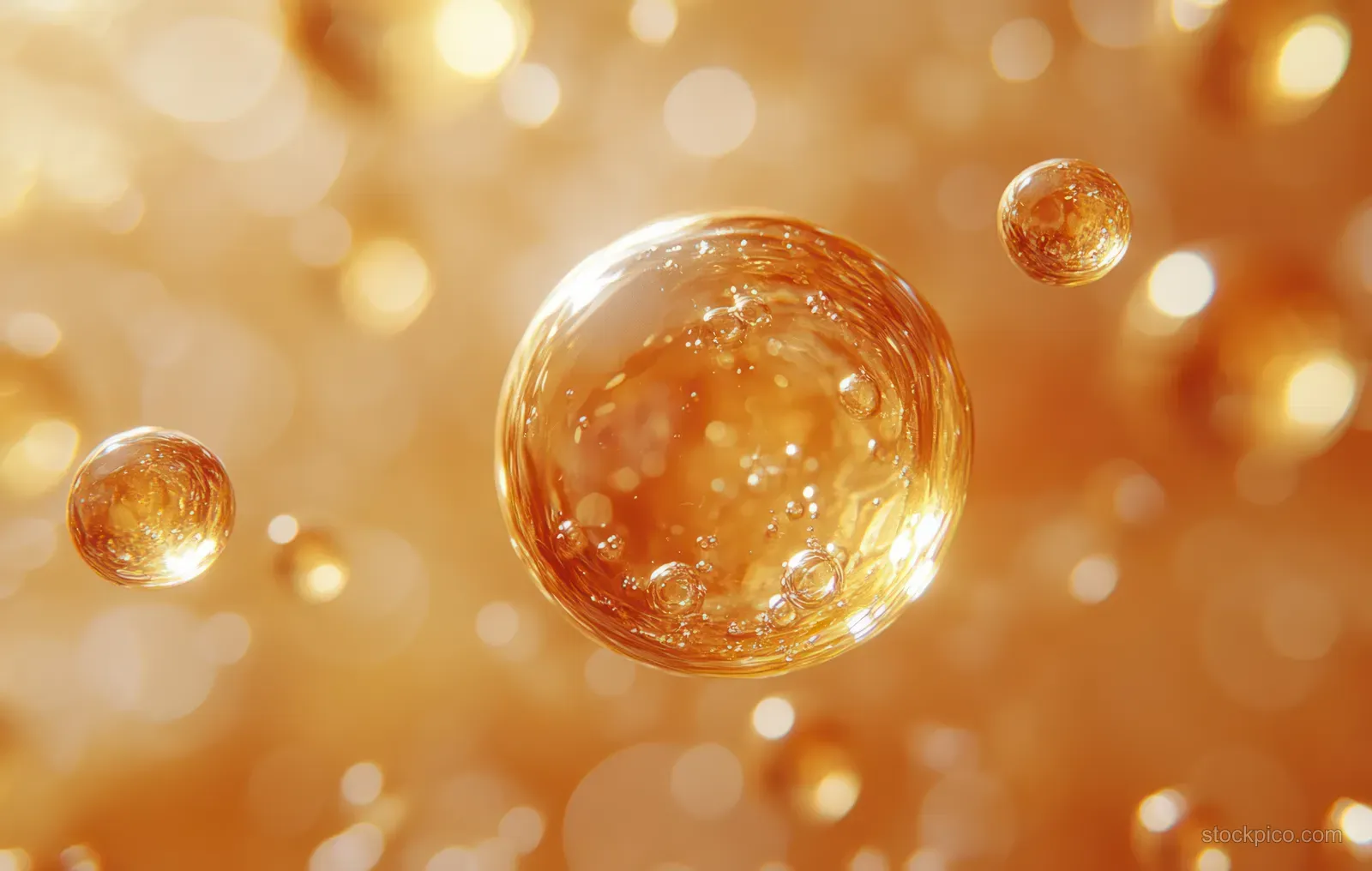Macro golden oil droplet with tiny bubbles floating over a warm glowing bokeh background.