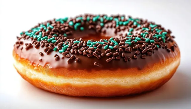 Chocolate frosted doughnut with turquoise and brown sprinkles on a white background.