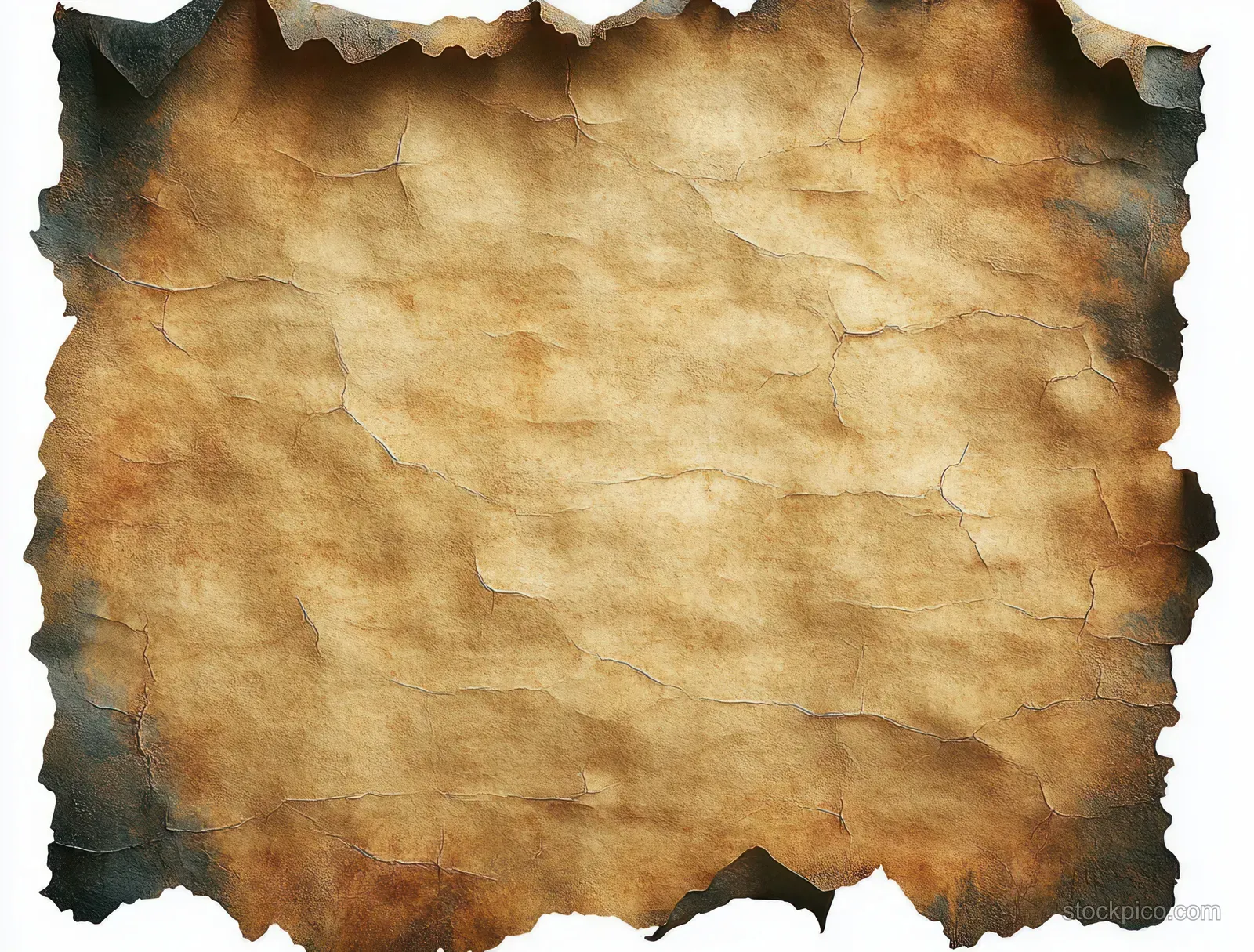 Burnt parchment sheet with torn edges and cracked, weathered texture on a brown background surface.
