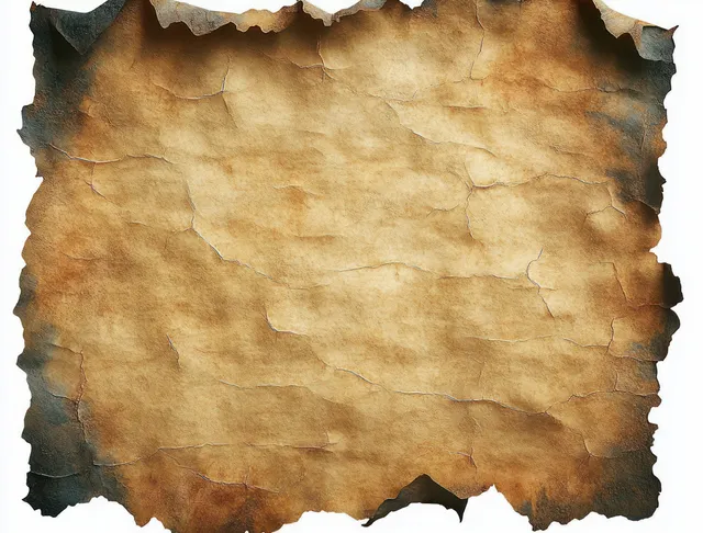 Burnt parchment paper sheet with torn edges and cracked texture on brown background surface