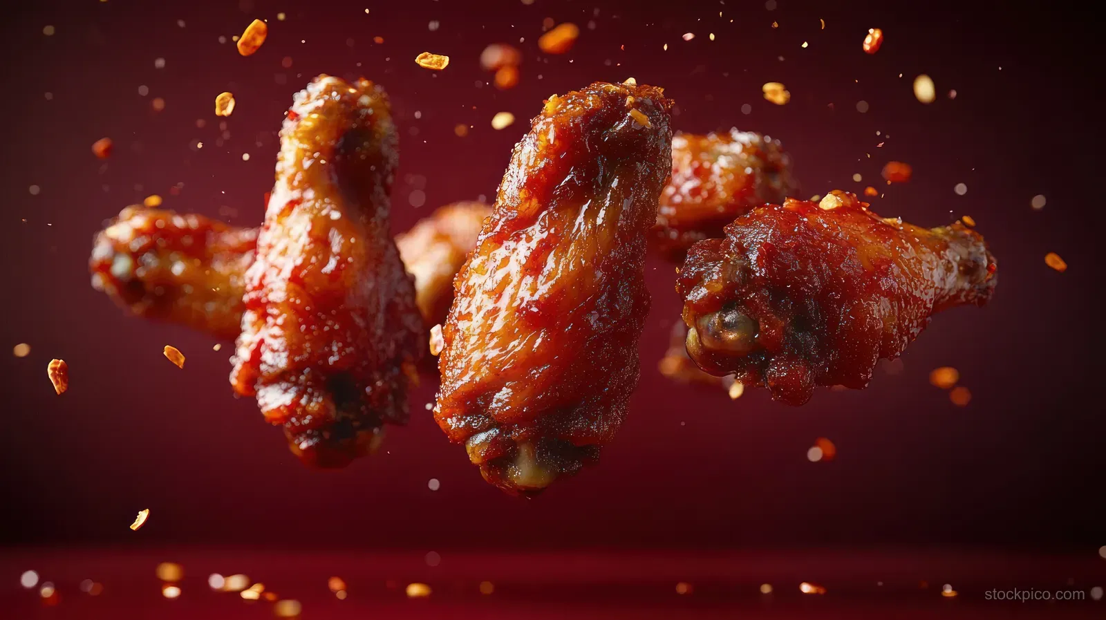 Crispy glazed chicken wings with chili flakes falling on a dark red background.