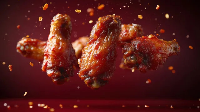 Crispy glazed chicken wings with chili flakes falling on a dark red background.