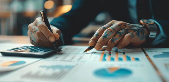 Finance professional writes notes beside calculator and budget charts on office desk