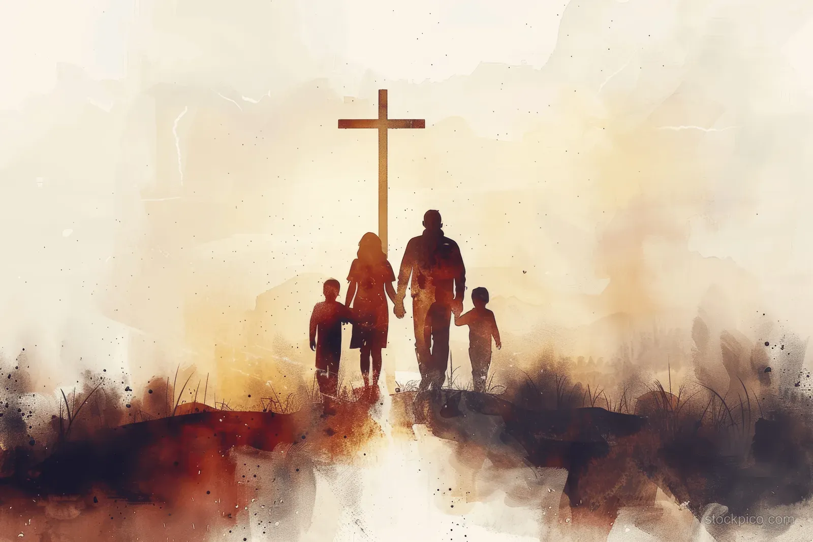 A silhouetted family walks toward a glowing cross in a misty watercolor church-like backdrop.