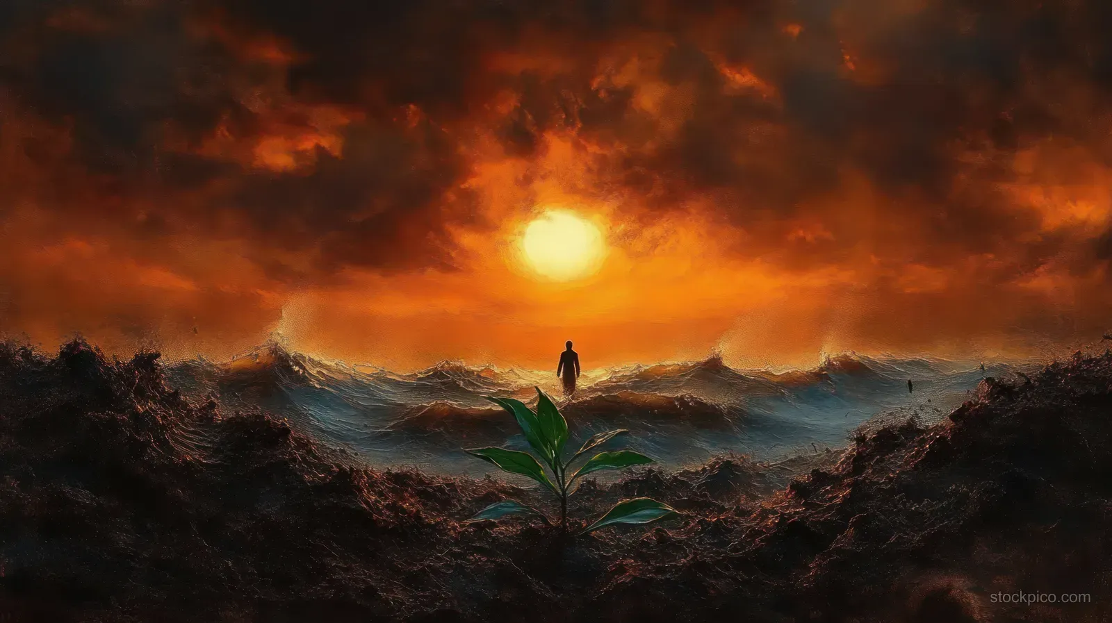 A lone silhouette walks toward a glowing sun above stormy ocean waves with a small green plant in dark foreground soil.