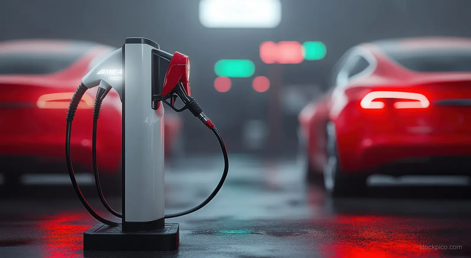 An electric vehicle charger sits in front of two blurred red cars in a rainy garage.