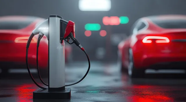 An electric vehicle charger sits in front of two blurred red cars in a rainy garage.