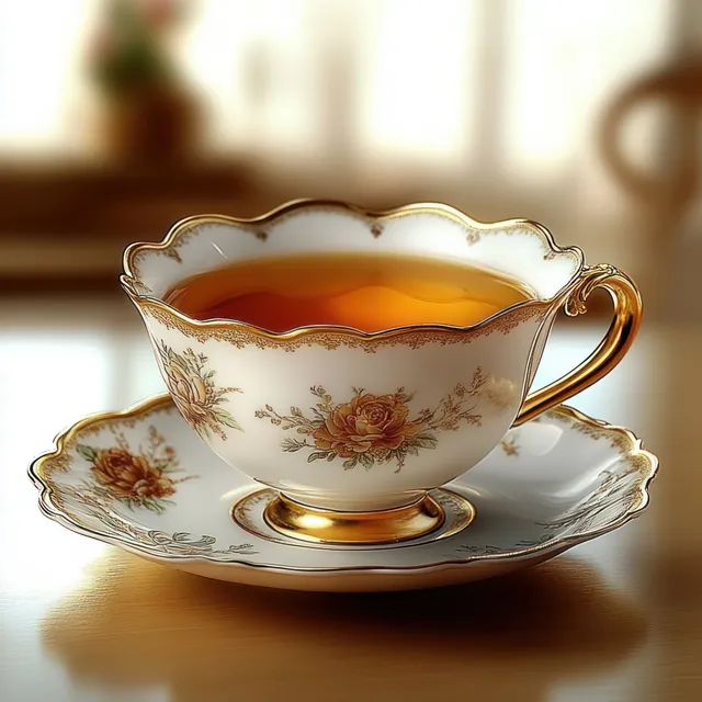 Vintage porcelain teacup with amber tea on matching saucer, gold floral rim detail