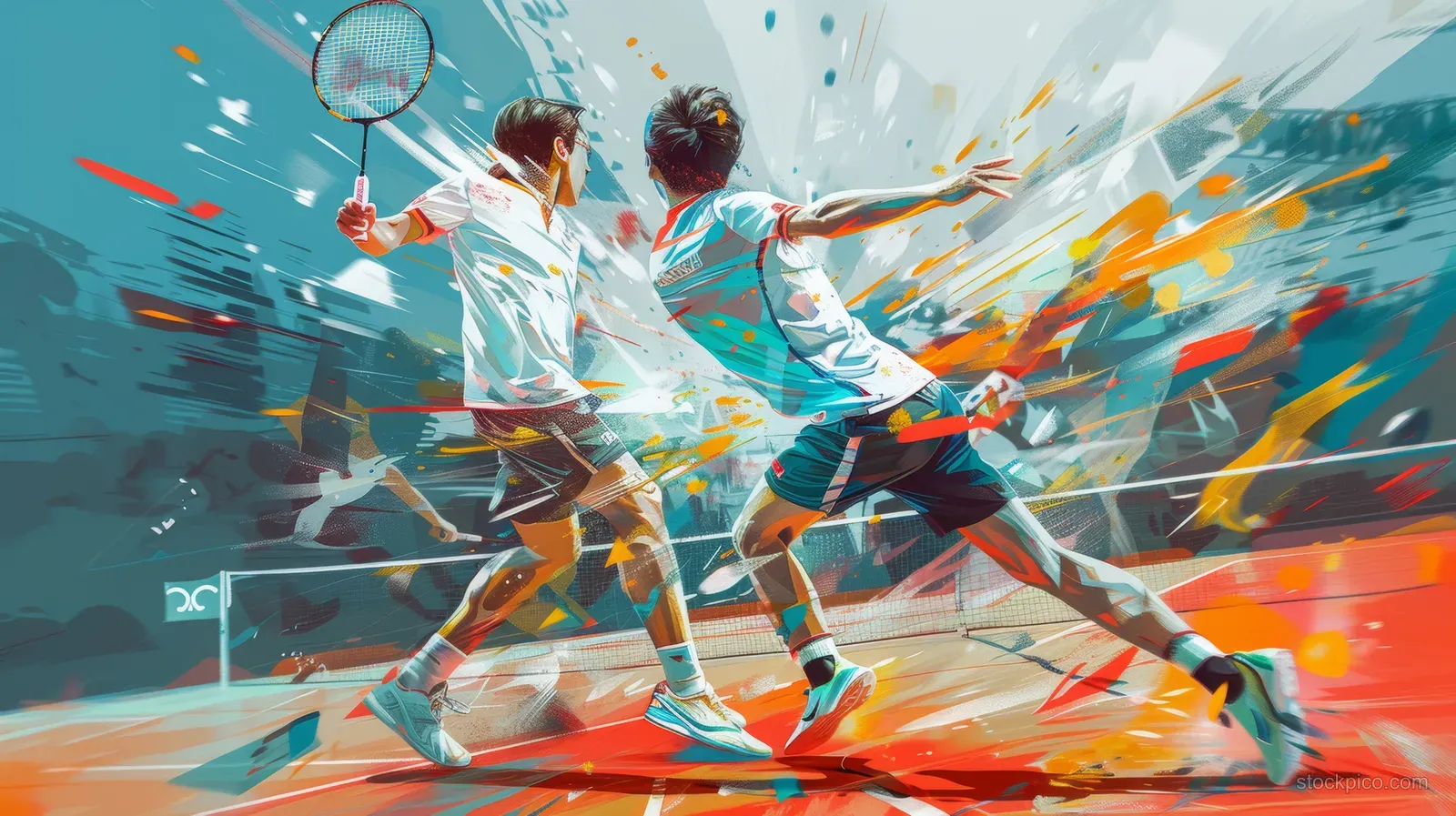 Two men in doubles badminton leap mid-rally with the shuttle near their rackets, motion effects streaking the court.