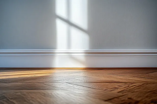 Sunlit window shadows stretch across a white wall and wooden parquet floor in an empty room corner.