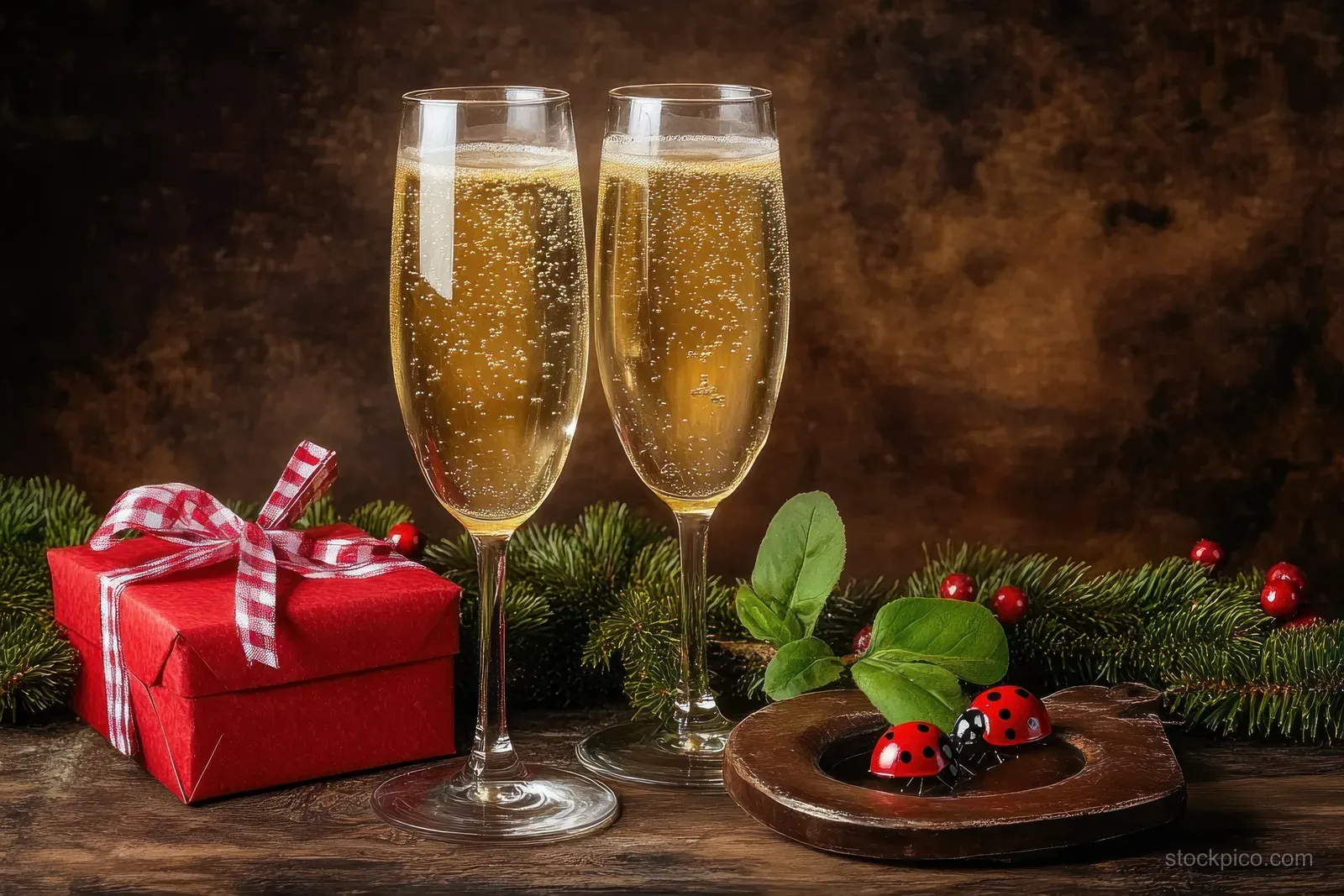 Two champagne flutes sparkle beside a red wrapped gift box, evergreen sprigs, and ladybug lucky charms on a wooden table.
