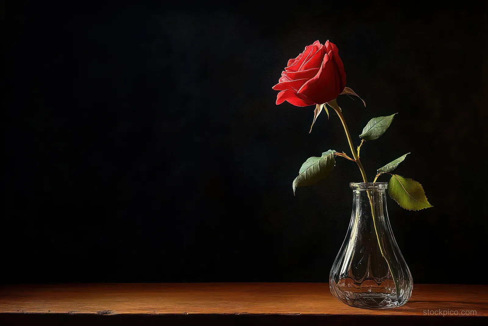 A single red rose with green leaves in a clear glass vase on a wooden surface against a black background.