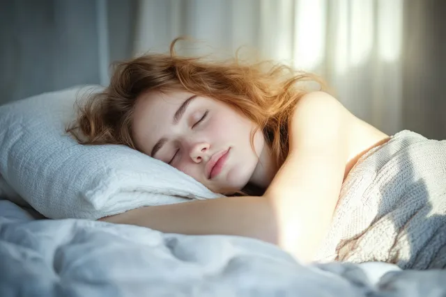 Woman asleep in bed at morning light with pastel bedding and soft sunlight