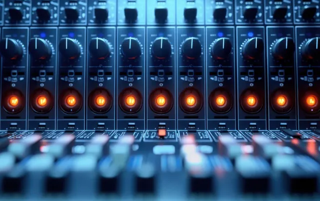Close-up of an audio mixing console with glowing orange level meters, dials, and slider faders in a studio.