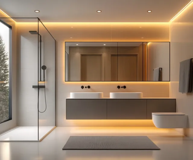 A minimalist bathroom features a double floating vanity, warm lights, and a frameless glass shower in light grey walls.