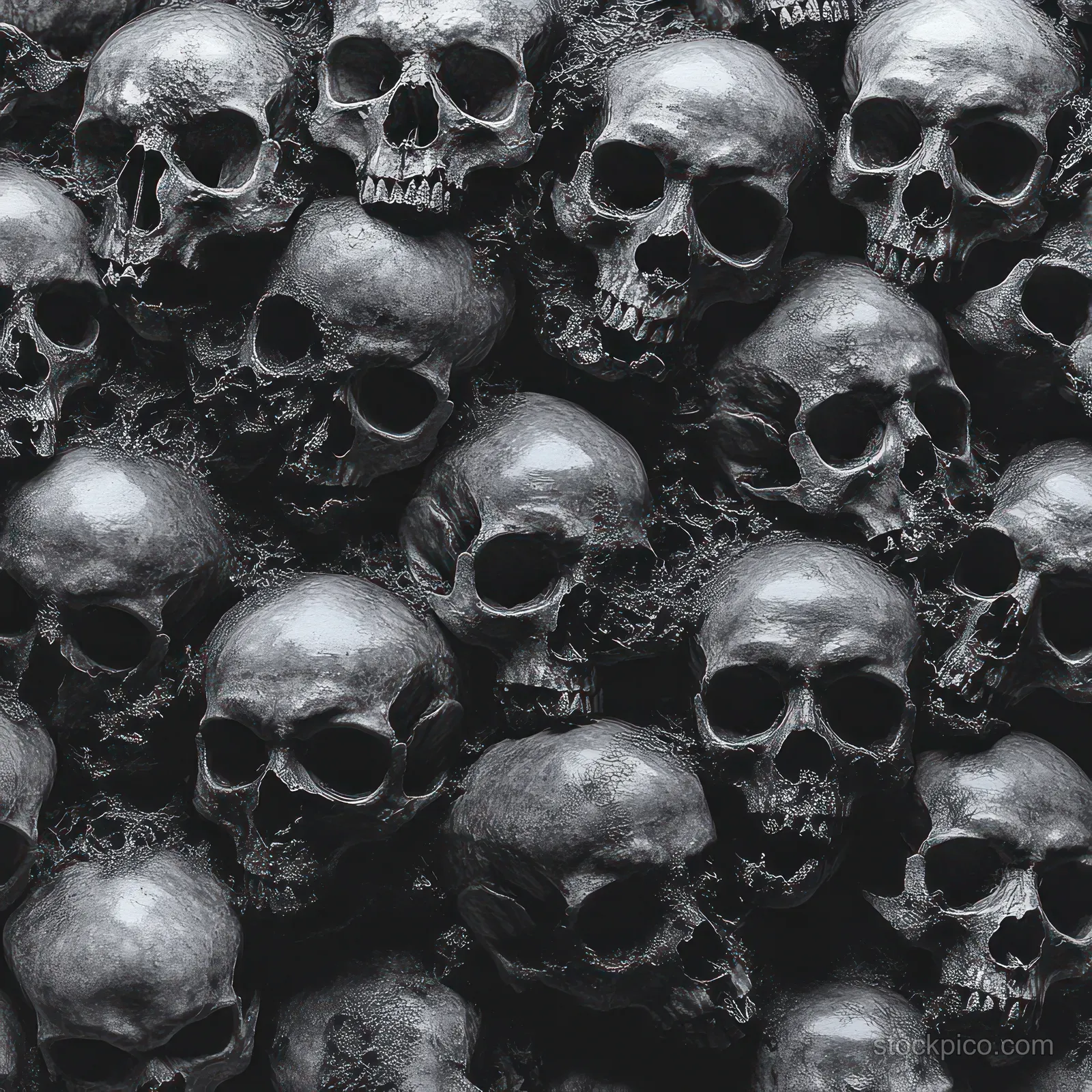 A dense cluster of human skulls fills the frame in monochrome, showing empty eye sockets and cracked bone texture.