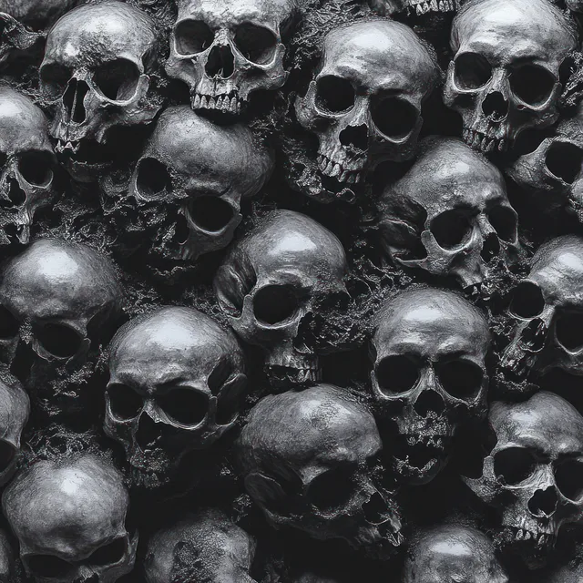 A dense cluster of human skulls fills the frame in monochrome, showing empty eye sockets and cracked bone texture.