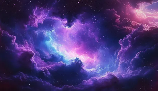 Purple and blue nebula clouds glow across a dark star field with scattered bright stars.