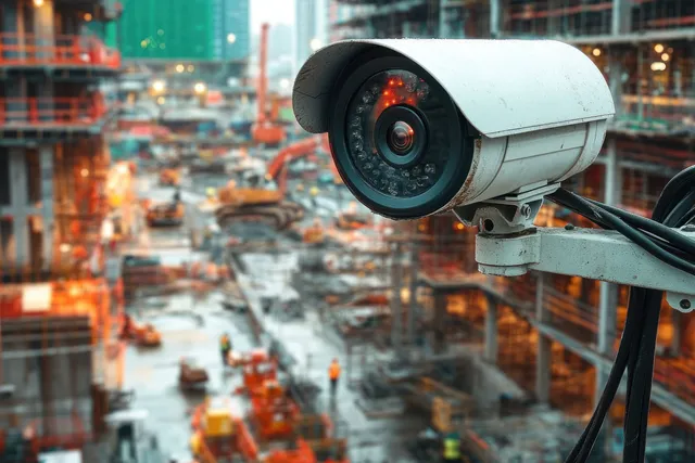 A dome security camera mounted near a construction site overlooks workers and equipment in an urban street.