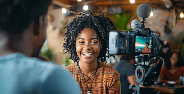 A smiling woman in headphones is interviewed in a studio while a camera and microphone face her.