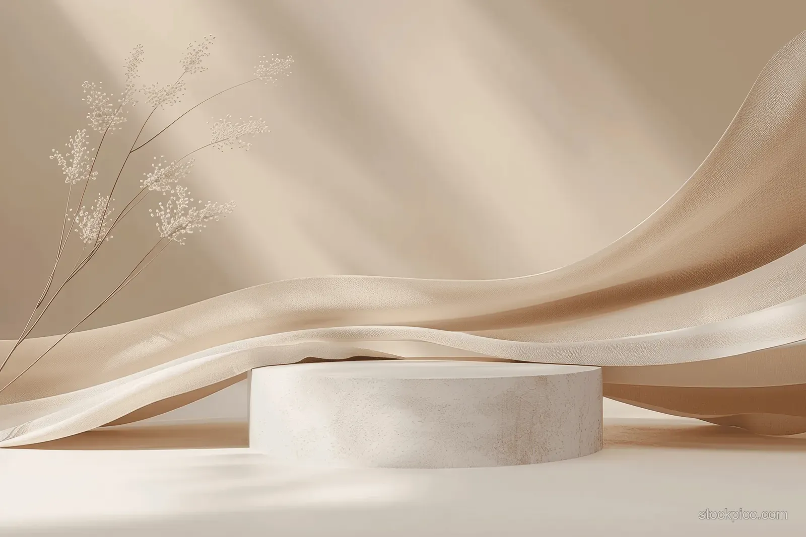 Minimal cream ribbon drapes behind a small geometric podium on a beige background.